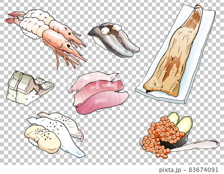 傳送帶壽司材料 7 種套裝 [蝦、壽司、金槍魚、貝類、鯖魚麵糊、灑鮭魚子、壽司] 83674091