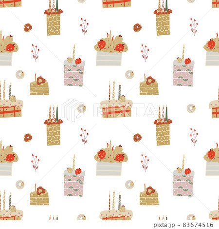 Seamless pattern with baked goods, cakes, candles. Colorful vector design for print and web.  83674516