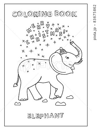 Kids Coloring book Merry Christmas! with Elephant making fountain of snowflakes and letters. Black and white, made in vector. 83675862