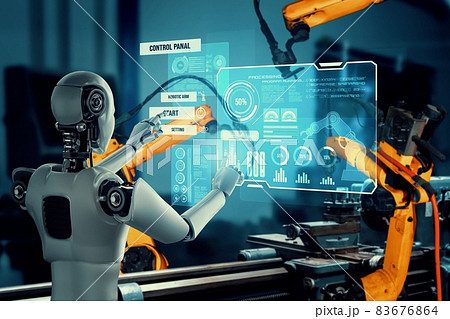 Mechanized industry robot and robotic arms for assembly in factory production . 83676864