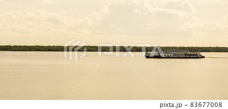 ARKHANGELSK, RUSSIA - 07-13-2021. Ship on the Northern Dvina. Pleasure boat Sapfir-1 is sailing along the river 83677008