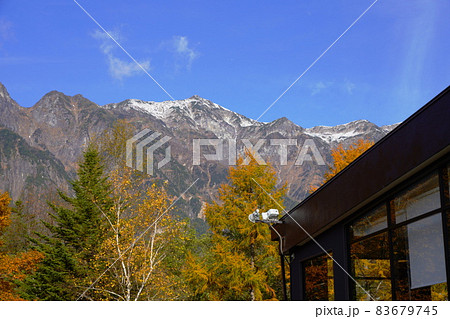 新穂高ロープウェイのしらかば平駅と紅葉した北アルプス 新穂高ロープウェイのしらかば平駅と紅葉した北アルプス 83679745