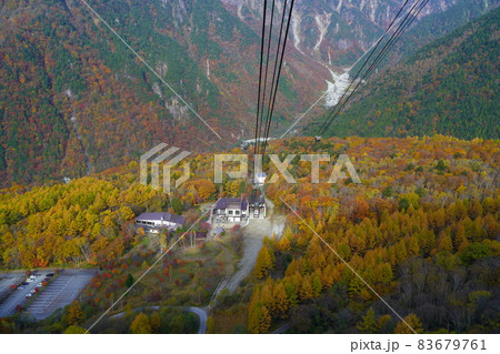 新穂高ロープウェイから紅葉した鍋平高原としらかば平駅 83679761