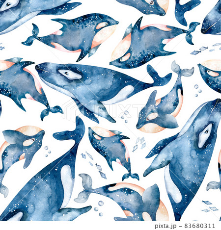 Watercolor whales seamless pattern . Hand drawn cute illustration with whales. Perfect for wrapping paper, wallpapers,prints and textile. Watercolor whales seamless pattern . Hand drawn cute illustration with whales. Perfect for wrapping paper, wallpapers,prints and textile. 83680311