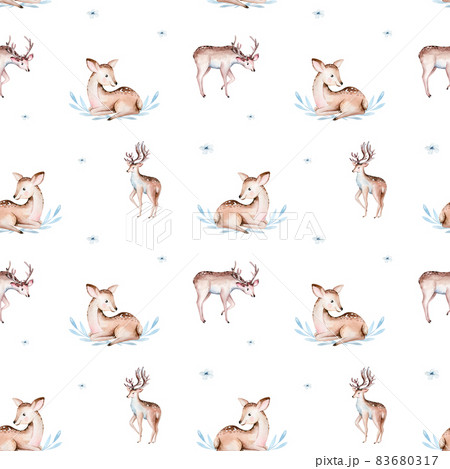 Cute baby deer animal seamless pattern for kindergarten, nursery isolated illustration for children clothing. Watercolor Hand drawn boho image Perfect for cases design, nursery posters, postcards Cute baby deer animal seamless pattern for kindergarten, nursery isolated illustration for children clothing. Watercolor Hand drawn boho image Perfect for cases design, nursery posters, postcards 83680317