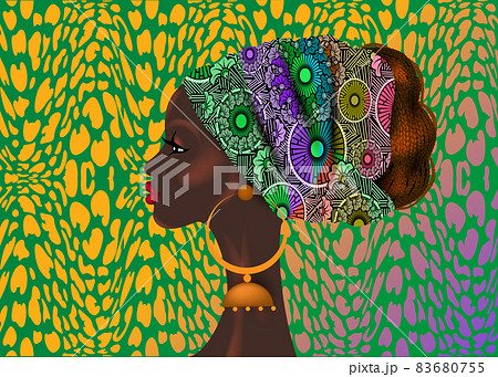 Afro hairstyle, beautiful portrait African woman in wax print fabric turban, diversity concept. Black Queen, ethnic head tie for afro braids and kinky curly hair vector isolated on colorful background Afro hairstyle, beautiful portrait African woman in wax print fabric turban, diversity concept. Black Queen, ethnic head tie for afro braids and kinky curly hair vector isolated on colorful background 83680755