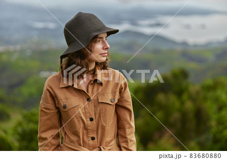 Beautiful young female caucasian tourist in equatorial africa jungles 83680880