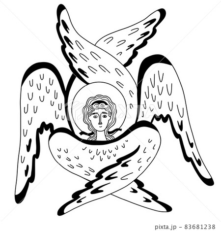 Seraph, six winged Angel. Religious symbol. Vector illustration. Line drawing, outline. Seraph, six winged Angel. Religious symbol. Vector illustration. Line drawing, outline. 83681238