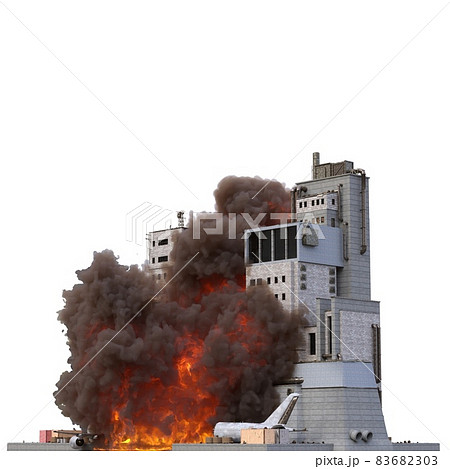 Ruined building in flames isolated on white 3d illustration Ruined building in flames isolated on white 3d illustration 83682303