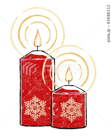 炎を灯した雪の結晶柄の赤いクリスマスキャンドル2本　版画風 83686112
