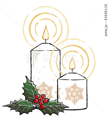 炎を灯した雪の結晶柄の白いクリスマスキャンドル2本と実を付けた柊の葉 版画風のイラスト素材