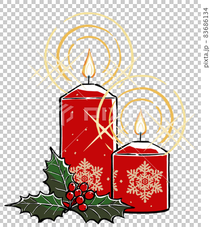 Two red Christmas candles with a snowflake pattern that sparkles flames and a holly leaf with fruits, brush-painted and matte-painted Two red Christmas candles with a snowflake pattern that sparkles flames and a holly leaf with fruits, brush-painted and matte-painted 83686134