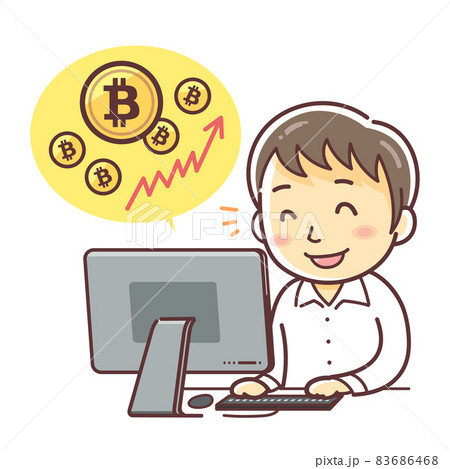 パソコンでビットコインをしている男性のイラスト（仮想通貨・PCを見る・始める） 83686468