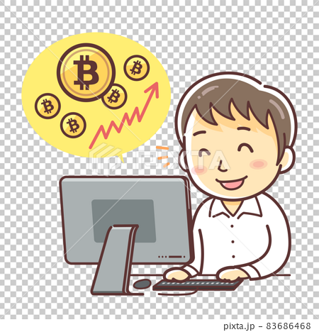 パソコンでビットコインをしている男性のイラスト（仮想通貨・PCを見る・始める） 83686468
