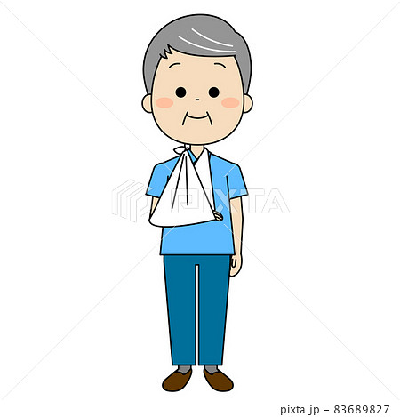 右手に三角巾をしている高齢男性 右手に三角巾をしている高齢男性 83689827