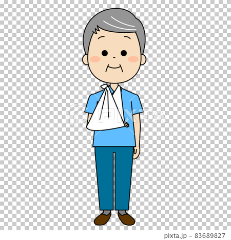 右手に三角巾をしている高齢男性 右手に三角巾をしている高齢男性 83689827