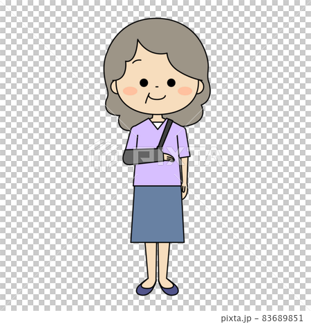 右手にアームホルダーをしている高齢女性 右手にアームホルダーをしている高齢女性 83689851