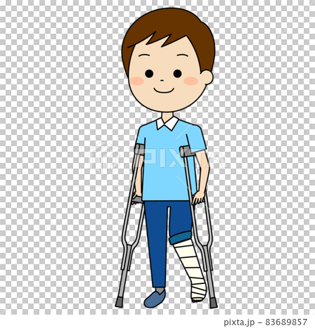 A man wearing a crutch with one leg up 83689857