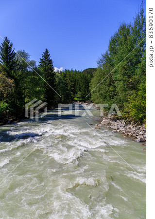 The river on the Oetztal Valley mountain river Oetztaler River Oetz Austria Europe The river on the Oetztal Valley mountain river Oetztaler River Oetz Austria Europe 83690170