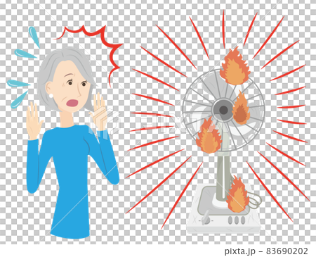 発火した古い扇風機と驚くシニア女性 83690202