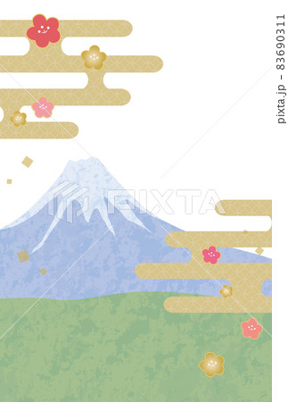 年賀状霞がかかる富士山裾野と梅模様背景素材文字なしのイラスト素材