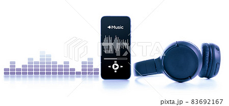 Music background. Mobile smartphone screen with music application, sound headphones. Audio voice with radio beats isolated on white. Recording studio or podcasting banner with copy space. Music background. Mobile smartphone screen with music application, sound headphones. Audio voice with radio beats isolated on white. Recording studio or podcasting banner with copy space. 83692167
