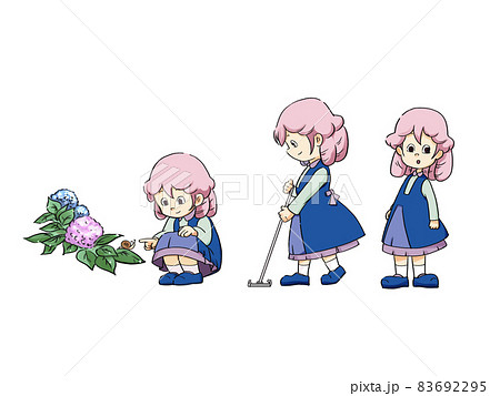アジサイの上のカタツムリを可愛がる少女の日常 83692295