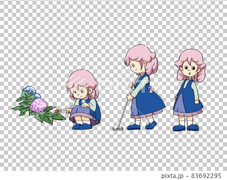 アジサイの上のカタツムリを可愛がる少女の日常 83692295