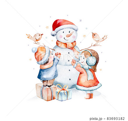 Watercolor Merry Christmas illustration with snowman, christmas tree, santa holiday invitation. Christmas gift celebration cards. Winter new year design. 83693182