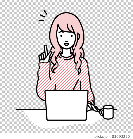 デスクで座ってPCを開いて何かひらめいたリモートワークの女性 デスクで座ってPCを開いて何かひらめいたリモートワークの女性 83693230