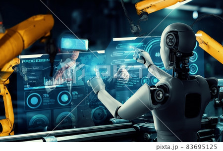 Mechanized industry robot and human worker working together in future factory Mechanized industry robot and human worker working together in future factory 83695125