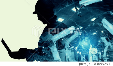 Mechanized industry of future factory double exposure image 83695251