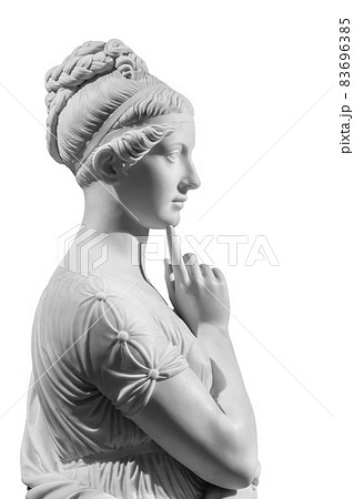 Gypsum copy of ancient statue of thinking young lady isolated on white background. Side view of plaster sculpture woman face Gypsum copy of ancient statue of thinking young lady isolated on white background. Side view of plaster sculpture woman face 83696385