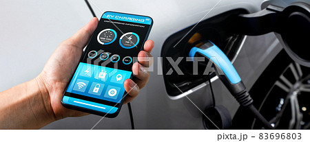EV charging station for electric car with mobile app display charger status EV charging station for electric car with mobile app display charger status 83696803