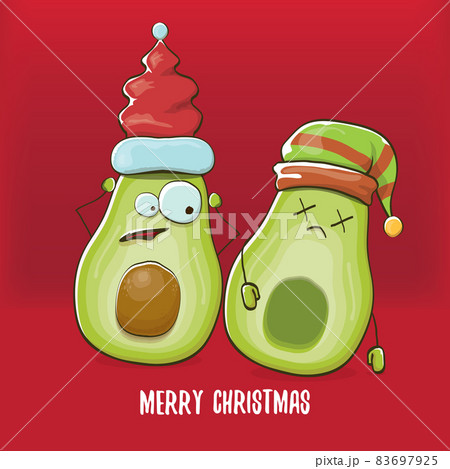 Merry chirstmas vector funky greeting card with with santa claus avocado character and his elf friend on red background. Vector funny christmas party poster design template 83697925