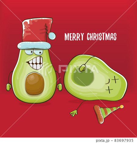 Merry chirstmas vector funky greeting card with with santa claus avocado character and his elf friend on red background. Vector funny christmas party poster design template Merry chirstmas vector funky greeting card with with santa claus avocado character and his elf friend on red background. Vector funny christmas party poster design template 83697935