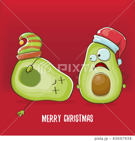 Merry chirstmas vector funky greeting card with with santa claus avocado character and his elf friend on red background. Vector funny christmas party poster design template Merry chirstmas vector funky greeting card with with santa claus avocado character and his elf friend on red background. Vector funny christmas party poster design template 83697938