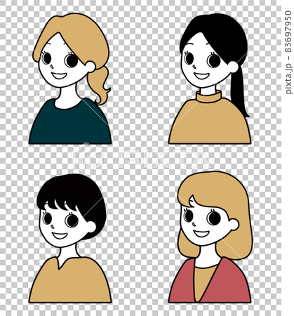 笑顔の女性のイラストセット ななめ向き のイラスト素材