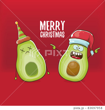 Merry chirstmas vector funky greeting card with with santa claus avocado character and his elf friend on red background. Vector funny christmas party poster design template Merry chirstmas vector funky greeting card with with santa claus avocado character and his elf friend on red background. Vector funny christmas party poster design template 83697958