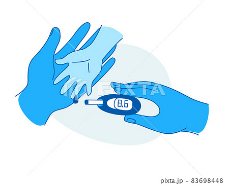 Mother help sugar test diabetes kid, blood sugar meter doodle style drawing. 83698448