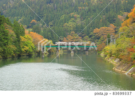 秋のダム湖を通過するローカル列車 83699337