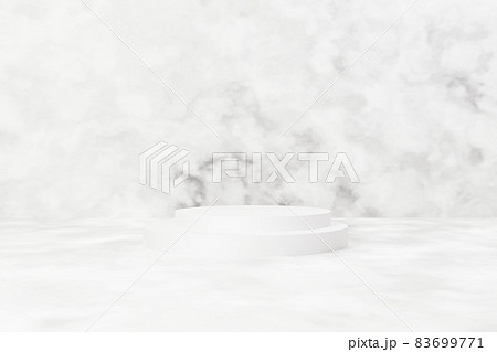 3Dレンダリング／3Dイラスト）大理石風の白くて明るい抽象的な背景に2つの円柱の展示台　空きスペース 83699771
