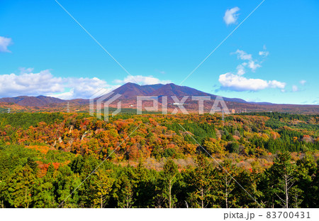 秋の紅葉に染まる那須高原と那須連山 83700431