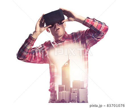 Guy wearing checked shirt and virtual mask demonstrating shock or surprise 83701076