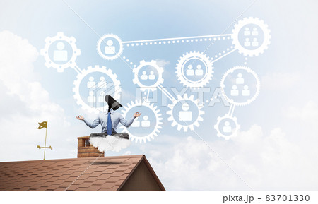 Concept of security and privacy protection with camera headed man meditating 83701330