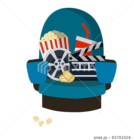 Cinema chair. Blue armchair and seat. Set of movie elements. Cinema chair. Blue armchair and seat. Set of movie elements. 83702028