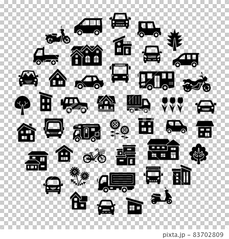 房屋、汽車、摩托車和植物的圓形畫廊(剪影) 房屋、汽車、摩托車和植物的圓形畫廊(剪影) 83702809