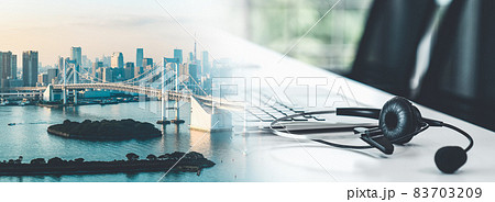 Headset and customer support equipment at call center ready for actively service 83703209