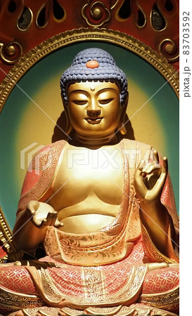 Buddha statue. Buddhist sculpture. images of chinese buddha in Singapore temple. Buddha Tooth relic temple China town which has statue of Cintamanicakra Acala Manjushri Maitreya and Samantabhadra. 83703592