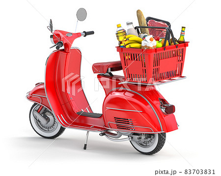 Express food delivery. Scooter and shopping basket with food. 83703831